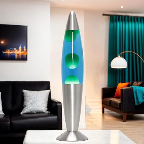 Licht-Erlebnisse Lampe à lave bleu vert, 36 cm, ampoule incluse, G9 25 W avec interrupteur à fil, idée cadeau Noël, petite lampe à lave rétro, mini lampe à lave