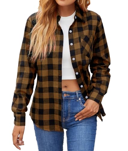 SANGTREE Womens Flannel Shirts Long Sleeve Button Down Plaid Shirt Brown Black, S