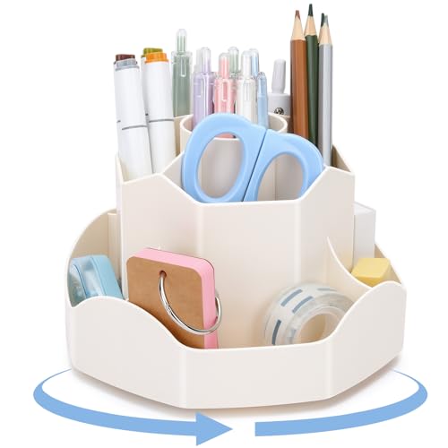 Zevemomo Pen Holder for Desk, 360 Degree Rotating Pencil Desk Organizer, Pen Organizer with 9 Slots, Large Capacity Pen Holder, Desktop Storage Stationery Supplies Organizer, Beige