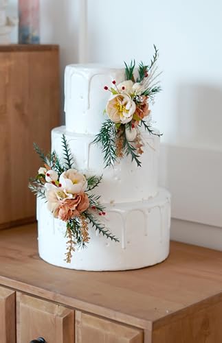 Set de dos toppers para pastel de boda con flores artificiales miniatura 5