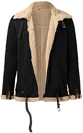 EMAlusher Men's Casual Jacket Fleece Winter Jacket Outdoor Cargo Aviator Jacket Military Winter Parka Leather Coat Lambskin Coat Shearling Sheepskin Plush Jacket Thick Pullover, Black, XXXL
