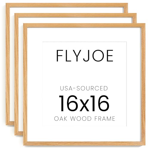 Image of FLYJOE 16x16 Oak Wood Square Picture Frame with Mat for 12x12, 16 by 16 USA-Sourced Natural Solid Wooden Photo Frame for Wall Display, Tempered Real Glass, Hanging Hardware Included, 3 Pack, Natural