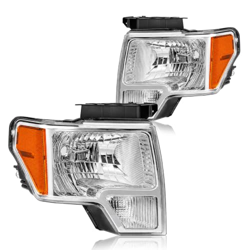 Image of Headlight Assembly for 2009-2014 Ford F150 Driver Left & Passenger Right Side Replacement Chrome Housing Amber Reflector
