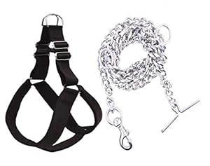 ADIOS Dog Belt Combo of 1.25 inch Black Padded Dog Body Harness with Heavy Steel Dog Chain for Pet Dogs Adjustable Chest Size 20-31 inch Dog Harness Chain