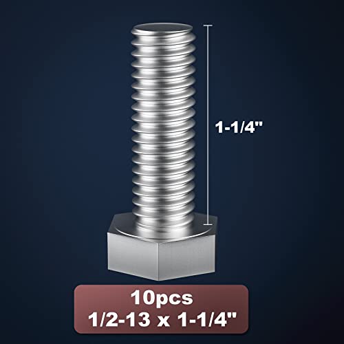 Image of 1 /2-13 x 1-1 /4 inch (1 to 7 inch Optional) Hex Head Screw Bolt, Stainless Steel 18-8(304), Fully Threaded,10pcs