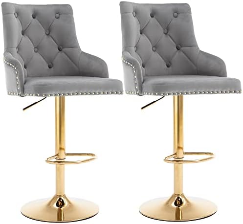 Bar Stool Set of 2 Gray Velvet Adjustable with Tufted Backrest, Counter Height Swivel Chairs Upholstered Modern Barstool Golden Base for Kitchen Island, Home Bar, Dining Room,Pub,Club