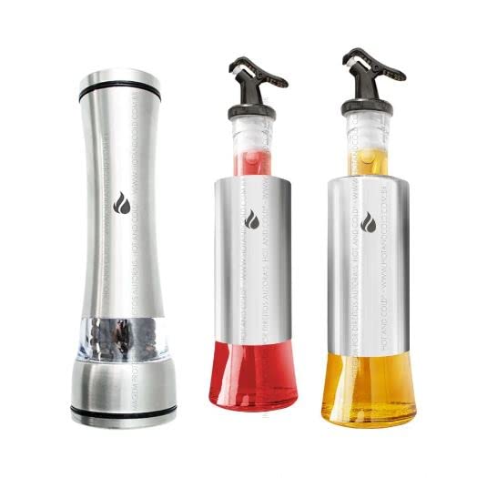 Kit c/ 2 Galheteiros 300ml + 1 Moedor de Pimenta e Sal em Inox