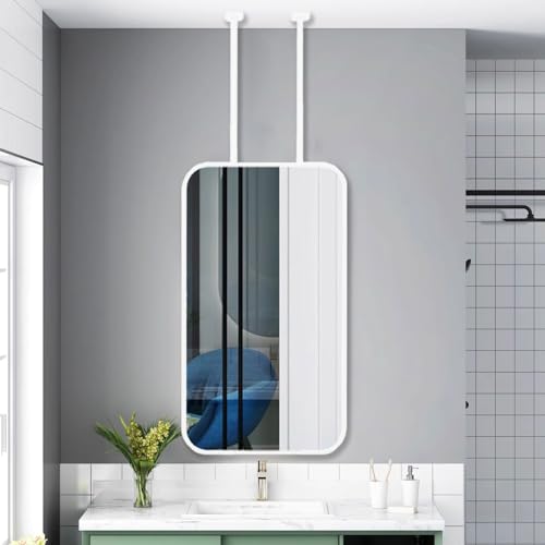 Drsyffsup Espejo de baño con Marco de Metal Blanco para Pared, Espejo de tocador de Granja, Espejo Rectangular de Esquina Redondeada para Colgar en el Techo, Barra para Colgar en el Techo(50cmx70cm)