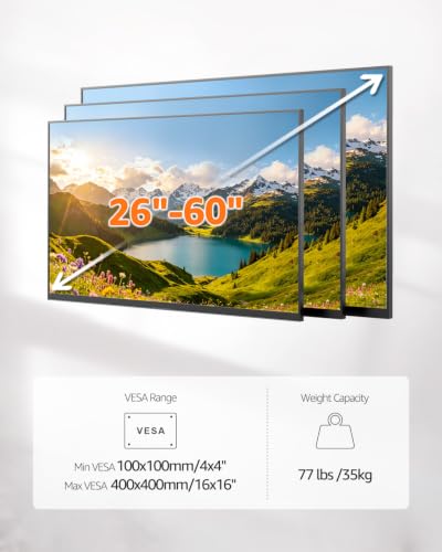 Image of ELIVED Full Motion TV Wall Mount for 26-60 inch TVs, Max VESA 400x400, 77 lbs. | 7 up & 10 down tilt, ±90 swivel, single stud structure, flexible for corner TV installation