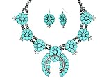Turquoise Stone Squash Blossom Pendant Bib Statement Faux Navajo Pearl Necklace 20 Inch and French H