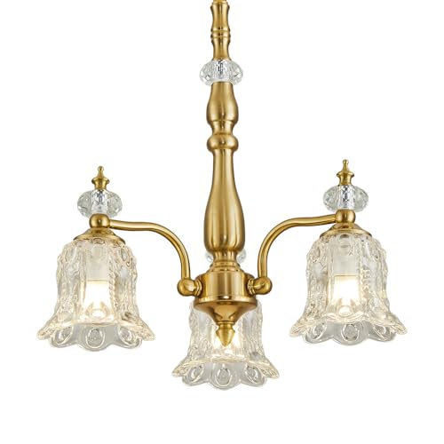TELAFLY 3 Lights Gold Chandelier,Vintage Elegant Rustic Chandeliers Glass Pendant