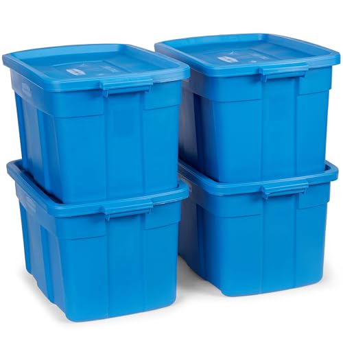 Image of Rubbermaid Roughneck Tote 25 Gal, 4 Pack, Made in USA, Heritage Blue, Rugged Plastic Stackable Storage Bins with Lids and Handles