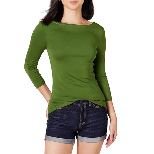 Amazon Essentials Damen T-Shirt mit Bateau-Ausschnitt und 3/4-Ärmeln in schmaler Passform, Grün, M Amazon Essentials Damen T-Shirt mit Bateau-Ausschnitt und 3/4-Ärmeln in schmaler Passform, Grün, M