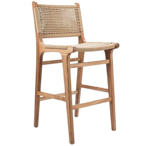Taburete de bar para exteriores, madera maciza y silla de ratán tejida a mano, asiento de estilo bohemio para patio, patio y piscina, diseño duradero y elegante