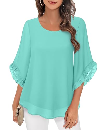 VAFOLY Women's 3/4 Ruffle Sleeve Blouse Tops Double Layers Flowy Shirts Elegant Chiffon Blouses EBU03