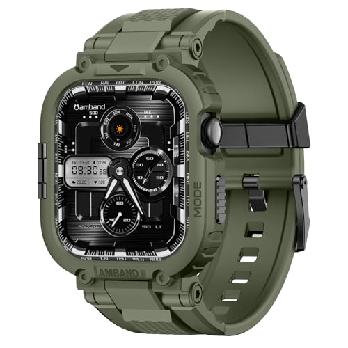 Image of amBand Compatible with Apple Watch Series 11 /10 42mm Bands Case for Men Women, M1 Sport Rugged Heavy Duty Protective Cover Tactical Strap Military Protector Bumper for iWatch Accessories - Army Green