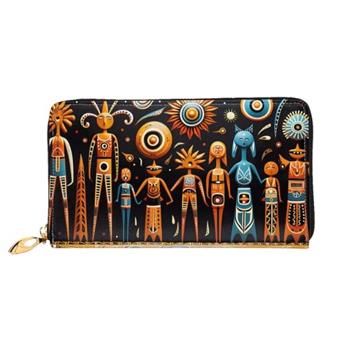 Leather Women Wallets, Long Credit Card Holder, Primitive Totem Print Billfold Clutch & Travel Purse Large Capacity