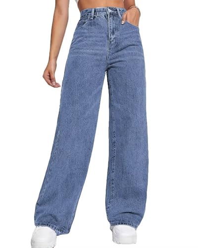 HENGAO Women's Wide Leg Jeans - High Waisted Washed Denim Pants, Casual Loose Fit Boyfriend Style with Pockets