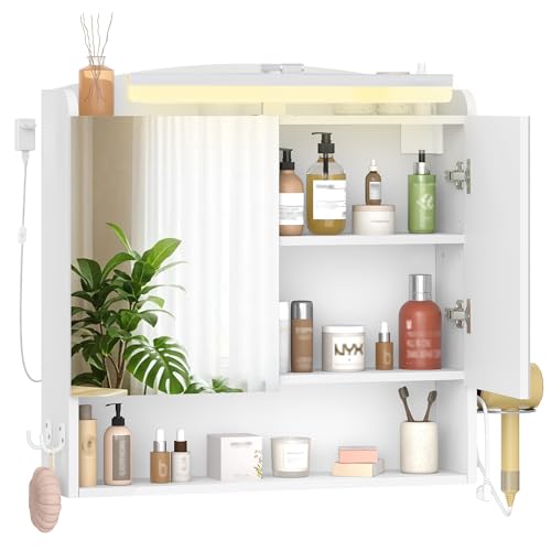 Hzuaneri Spiegelschrank Bad mit Beleuchtung, Badezimmerschrank mit Spiegel, Wandschrank, Haartrockner-Halter und Haken, mit Stecker, Verstellbarer Etagen, Weiß, 16,5 x 70 x 75 cm MC10103XEU