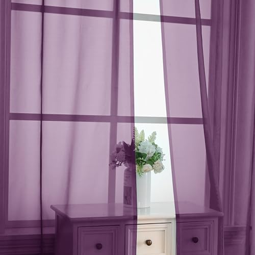 Image of OVZME Plum Sheer Curtains 63 Inches Long 2 Panels - Soft Light Filtering Window Sheer Panels for Living Room /Bedroom, Top Dual Rod Pocket, 1 Pair, Each 42Wx63L Inches