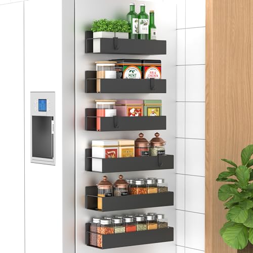 Image of HuggieGems 6 Pack Magnetic Spice Storage Rack Organizer for Refrigerator and Oven, Black Fridge Organizers and Storage