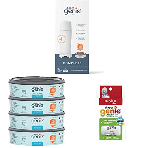 Image of Diaper Genie Complete Diaper Pail & Refill Bags 270 Count (Pack of 4) with Max Odor Lock | Holds Up to 1080 Newborn Diapers & Carbon Filter (4-Pack)