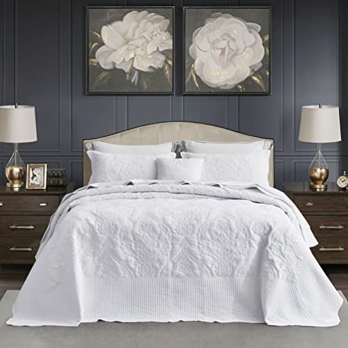 Image of CHIXIN Bedspread Coverlet Quilt Set Full Size - Lightweight Bedding Cover - Beautiful Stitching - 5 Piece Reversible Bedspread - Gorgeous Damask Paisley Pattern (Full, Pure White)
