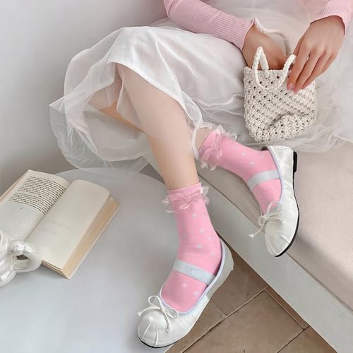 6 Pairs Women Big Ruffle Dot Socks Turn Cuff, Double Lace Ankle Frilly Socks for Women Ladies4