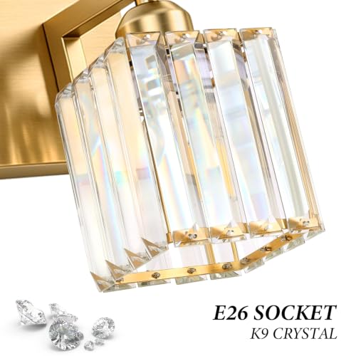Image of Gold Crystal Bathroom Vanity Light, 5-Light Modern Bathroom Lighting Fixtures Over Mirror,Chrome Wall Sconce Light Fixtures with Square Shade