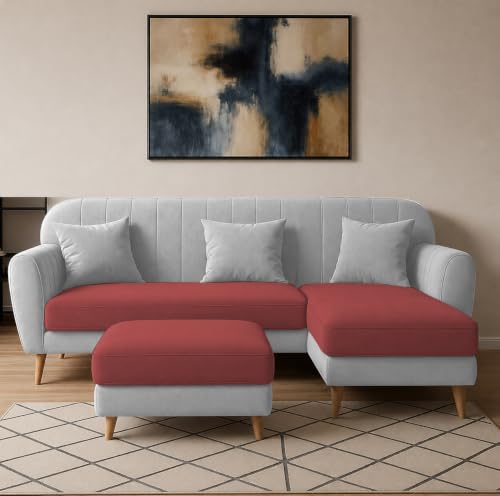 Image of Atticus RHS 4 Seater L Shape Sofa Set with Ottoman for Living Room (Maroon Grey Fabric) Premium Fabric Sofa Set