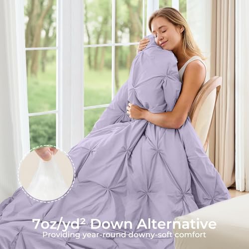Image of Sasttie King Size Comforter Set, 7-Piece Bed in a Bag, Pintuck Bedding Sets for All Season, Includes Comforter, Flat Sheet, Fitted Sheet, Pillowcases and Pillowshams, Lavender