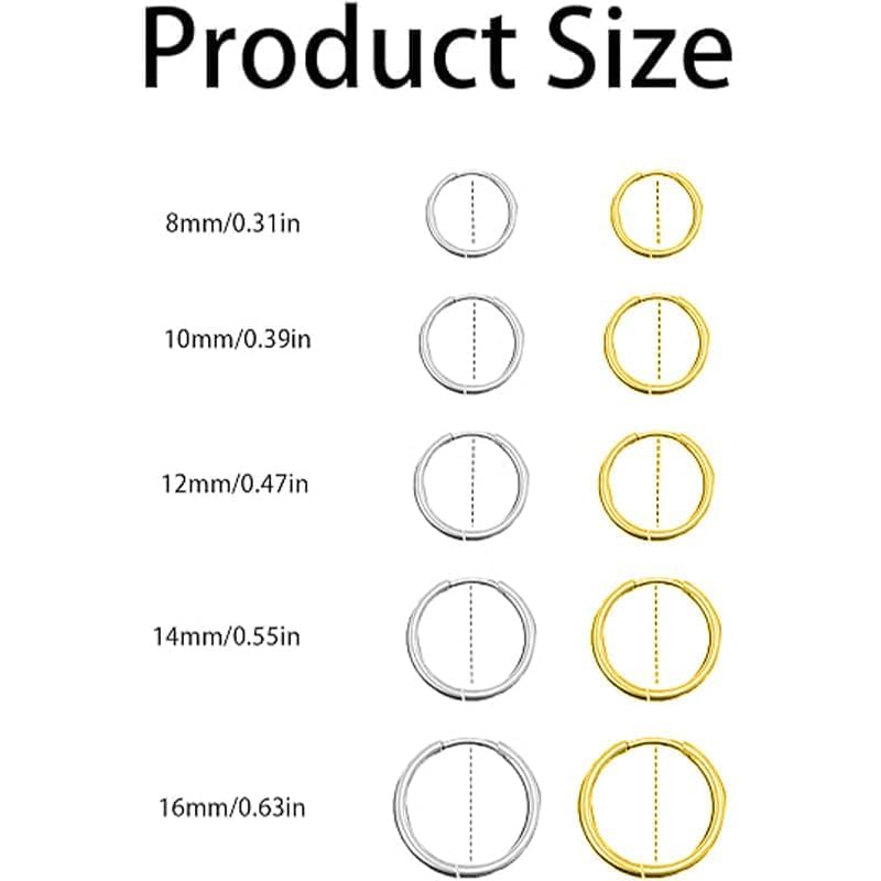 10Pairs Titanium Earrings Stainless Steel Hoop Earrings Set, 8mm to 16mm Small Huggie Hoops for Women and Men, Cartilage and Ear Piercing Jewelry(Gold, Sliver)2