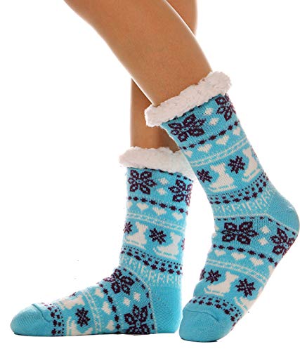 Womens Slipper Fuzzy Socks Cabin Cozy Plush Fleece Fluffy Huggle Stocking Stuffers with Gripper Winter Non Skid Socks?Blue?