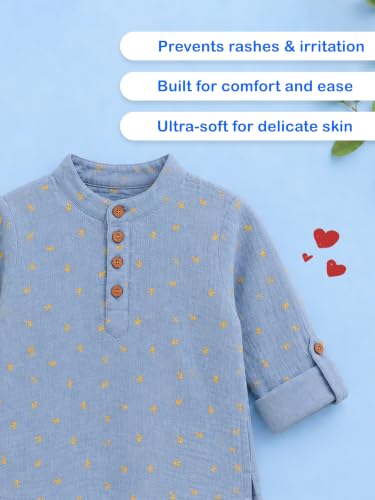 Image of Kidbea Boys Cotton Mandarin Collar Shirt Long Sleeves Short Kurta for Kids