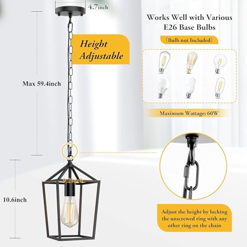 Farmhouse Black Pendant Light for Kitchen Island Industrial Hanging Lantern Fixture Modern Metal Cage Lamp Chandelier Lighting for Dinning Room Hallway, 49in Adjustable Chain for Flat & Sloped Ceiling