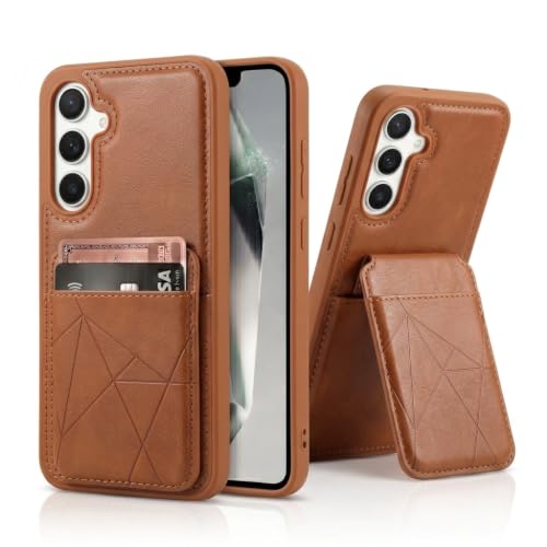 Image of amazon basics Premium Vegan Leather Back Cover with Card Holder and Integrated Mobile Stand for Samsung Galaxy S23 5G - Slim Shockproof Wallet Case with Geometric Stitching [Tan]