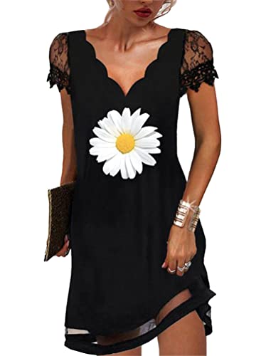 Onsoyours Femme Robe Soirée Manches Courtes en Dentelle Évider Robe Ample Décontractée Sexy Col en V Dress Robes De Cocktail Party Soirée 04 Noir M