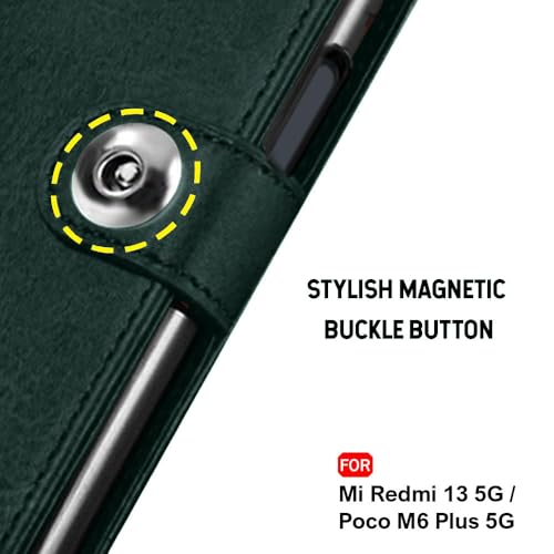 TheGiftKart Flip Cover Back Case for Mi Redmi 13 5G / Poco M6 Plus | Genuine Leather Finish | Designer Button | Inbuilt Pockets & Stand | Wallet Style Flip Back Cover Case (Faux Leather, Green)