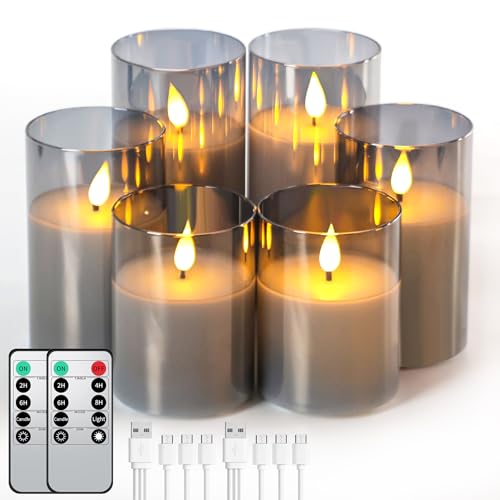 Forever Speed 6er-Set Grau Glas Led Kerzen Aufladbar mit Fernbedienung Timer Dimmbar Wiederaufladbare Flammenlose Kerzen mit Ladekabel für Wohndekoration Camping Hochzeiten Geschenke