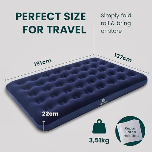 Green Haven Double Blow Up Airbed – Inflatable Waterproof Mattress for 2 – Comfortable Flocked Air Bed for Camping, Festivals & Guests – Lightweight & Easy to Store