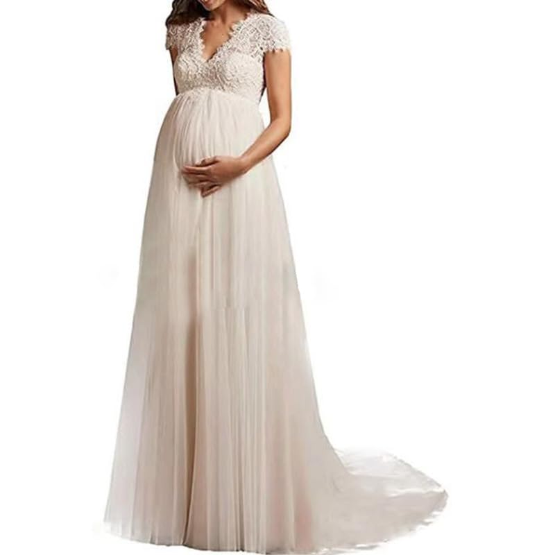 Abito da sposa premaman a vita alta Plus Size Abito da sposa bianco senza maniche con strascico