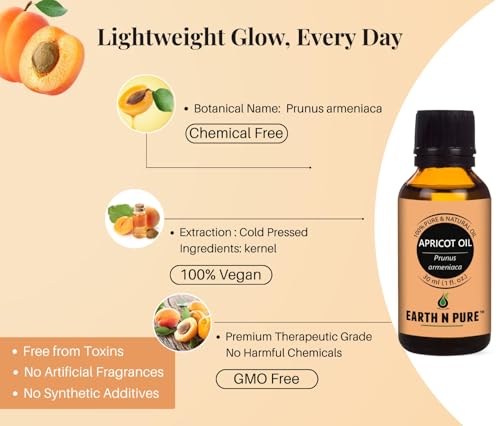 Image of Earth N Pure Apricot Kernel Oil | 100% Pure Cold Pressed | Natural Moisturizing Carrier Oil for Skin, Face, Hair & Nails | Lightweight Massage & DIY Skincare Oil | 15ml