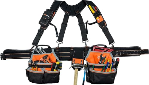Image of MELOTOUGH Pro Framer Combo System Tool Belt with Suspenders Construction Tool Pouch Builder Heavy Duty Carpenter Suspension Rig Tool Belt and Multi Function for electrician, roofing,contractor