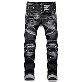 AITITIA Men's Biker Zipper Deco Washed Straight Fit Jeans (36, 005 Black)