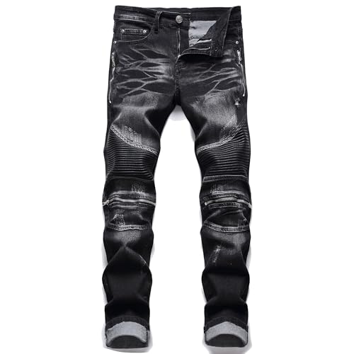 AITITIA Men's Biker Zipper Deco Washed Straight Fit Jeans (28, 005