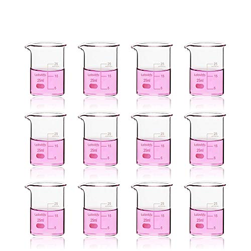 12pcs Glass Beakers Shot, Vol.25ml, 3.3 Borosilicate Glass, Griffin Low Form Lab Beaker Set with Printed Graduation, LVA001
