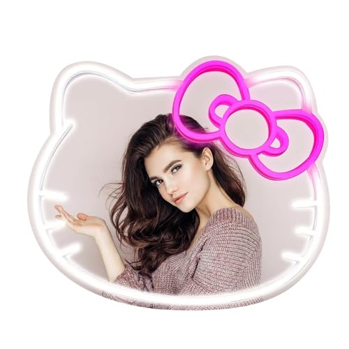 MCJSGSP Anime Hello Kit Mirror with Light Neon Signs for Wall Decor, Dimmable for Teen Girl Gift，Makeup Mirror neon Sign Room Decor (16.1 * 14 inch)