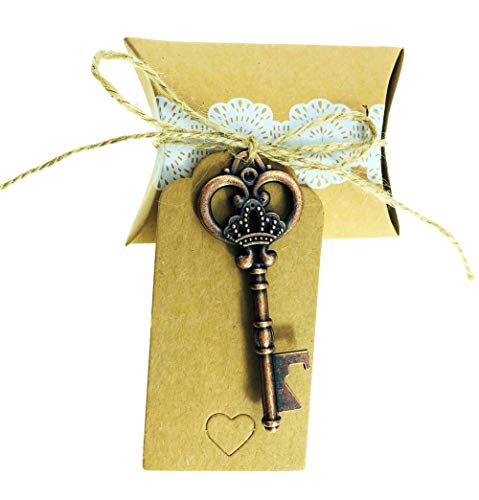 50 pcs Vintage Skeleton Key Bottle Openers Wedding Favor Souvenir Gift Set Birthday Baby Bridal Shower Party Favors Bottle Opener for Guests with Pillow Candy Box Crown Antique Copper 50pcs