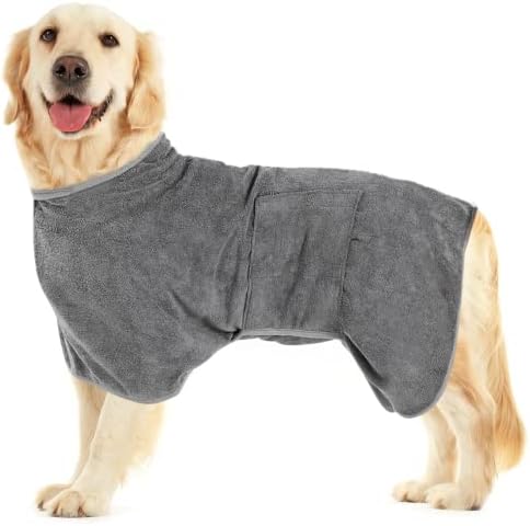 AmazeFun Dog Bathrobe, Dog Drying Coat, Super Absorbent Microfibre Dog Towel Robe, Fast Drying Towel for Dog with Magic Sticker Collar, Dog Towels for Drying Medium Large Dog