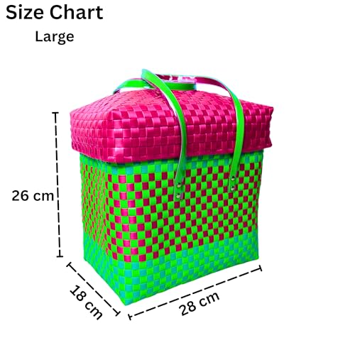 Image of Hand Made Multipurpose Plastic Basket with Lid | Eco-Friendly, Washable, Rust-Free Storage Basket for Kitchen, Picnic, Toys, Travel, Office | Lightweight basket (Green with Pink, L)